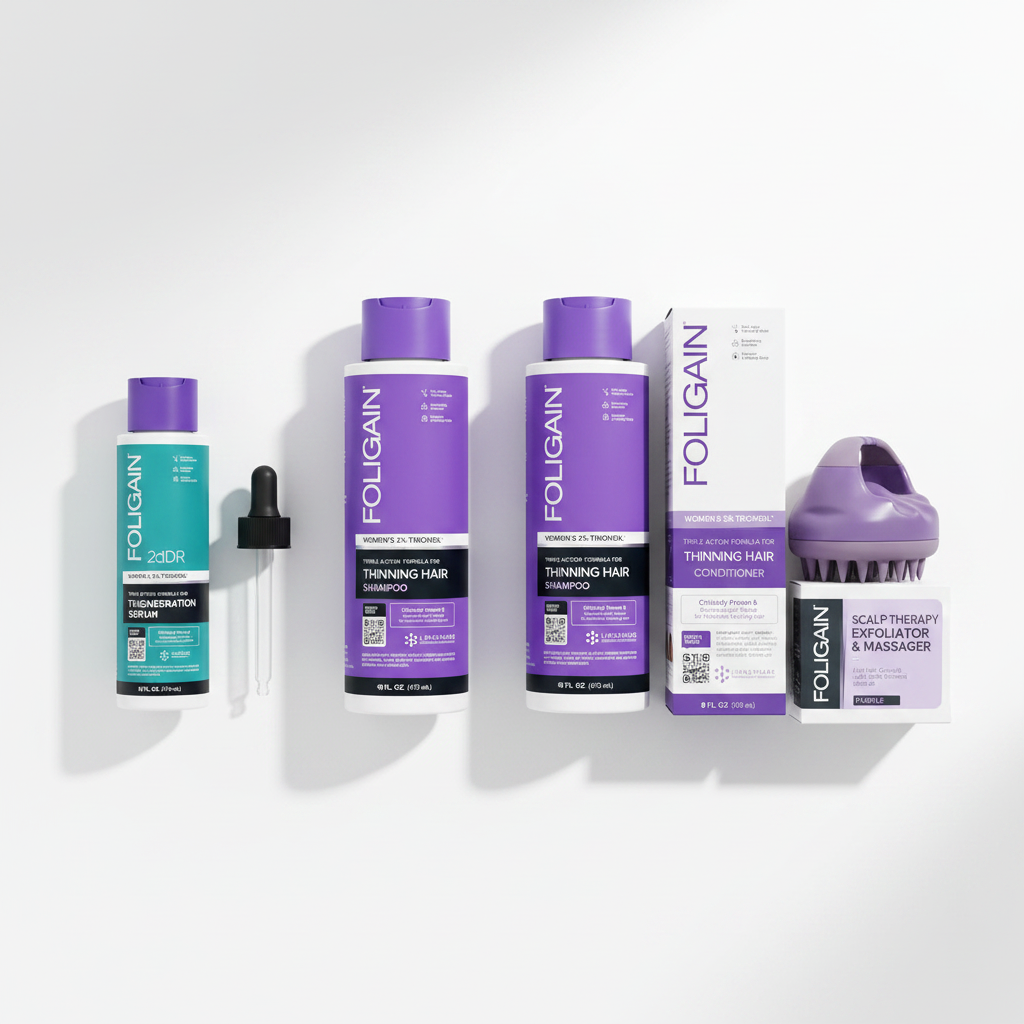 FOLIGAIN Women's Advanced Scalp Support Stack on white surface — 2dDR Serum, shampoo, conditioner and purple scalp massager top-down view