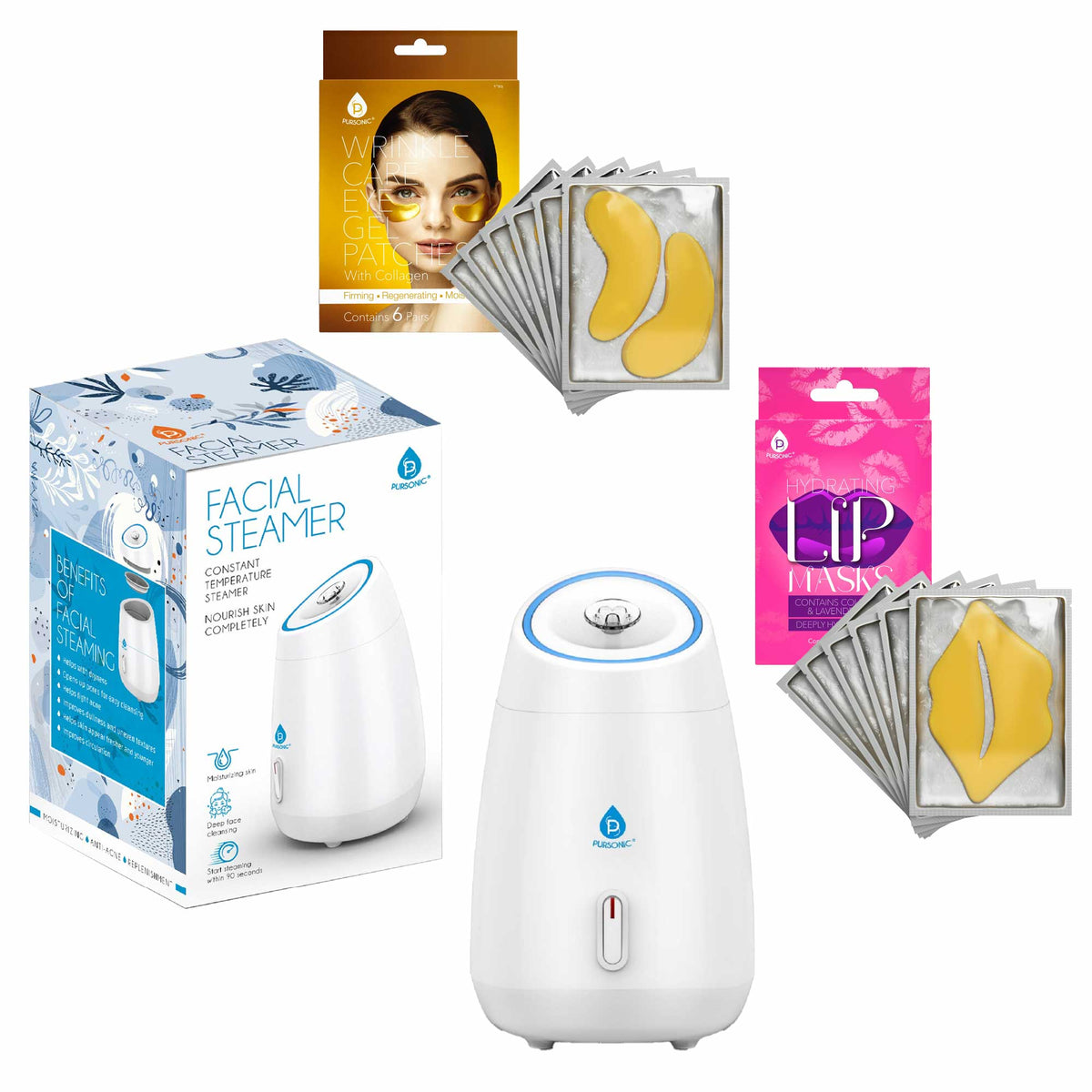 Vaporizador facial Pursonic Deluxe con 6 mascarillas calmantes para ojos y 6 mascarillas nutritivas para labios