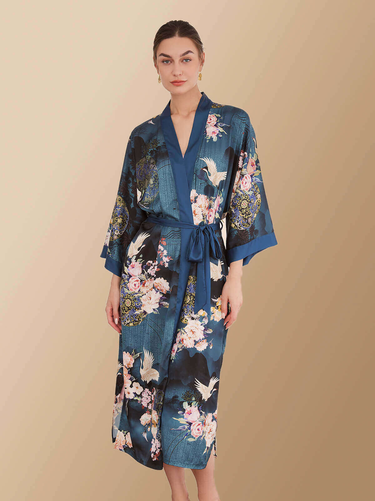 chinese dress ladies Women's Luxury Peony Floral Print 100% Silk Kimono Robe