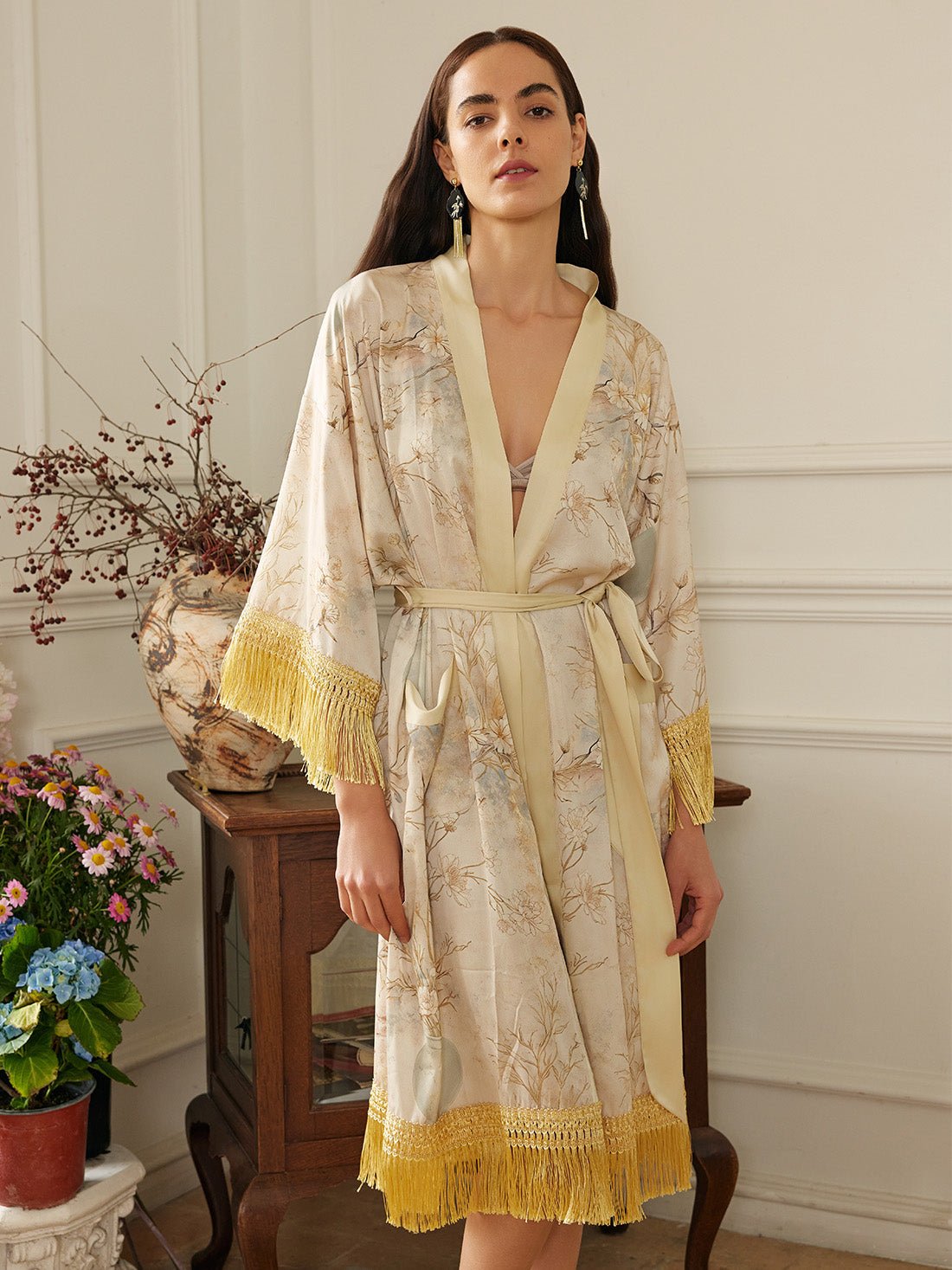 Gold Eastern Floral Vase Kimono Robe with Pockets | Daily Health & Beauty