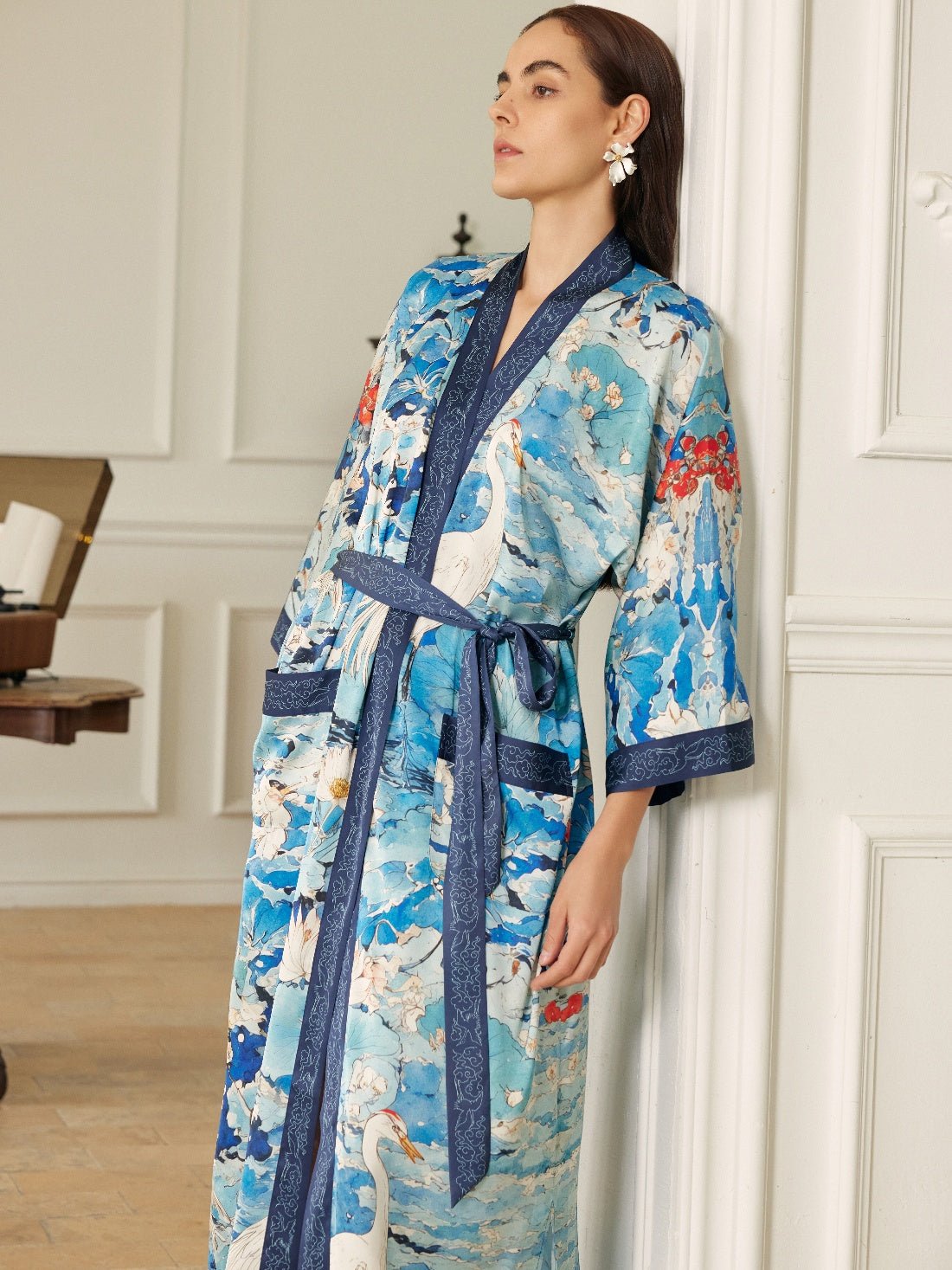 Graceful Lotus & Crane Kimono Robe with Pockets | Daily Health & Beauty