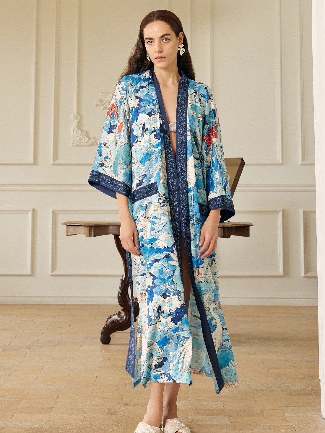 Graceful Lotus & Crane Kimono Robe with Pockets | Daily Health & Beauty