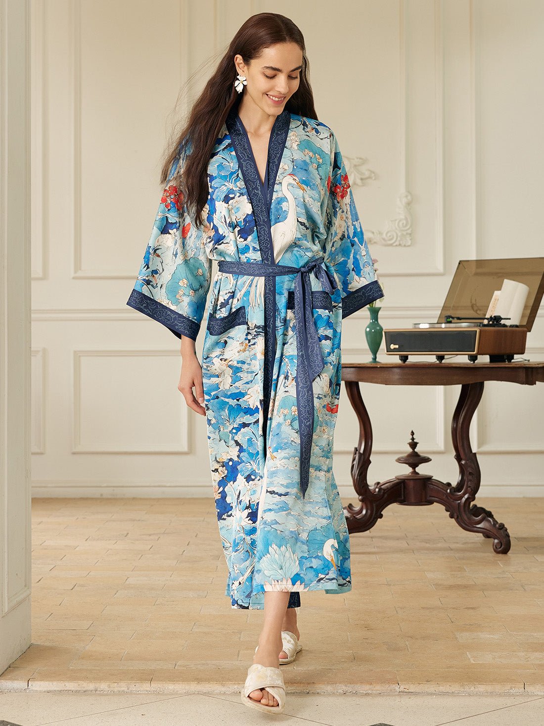 Graceful Lotus & Crane Kimono Robe with Pockets | Daily Health & Beauty