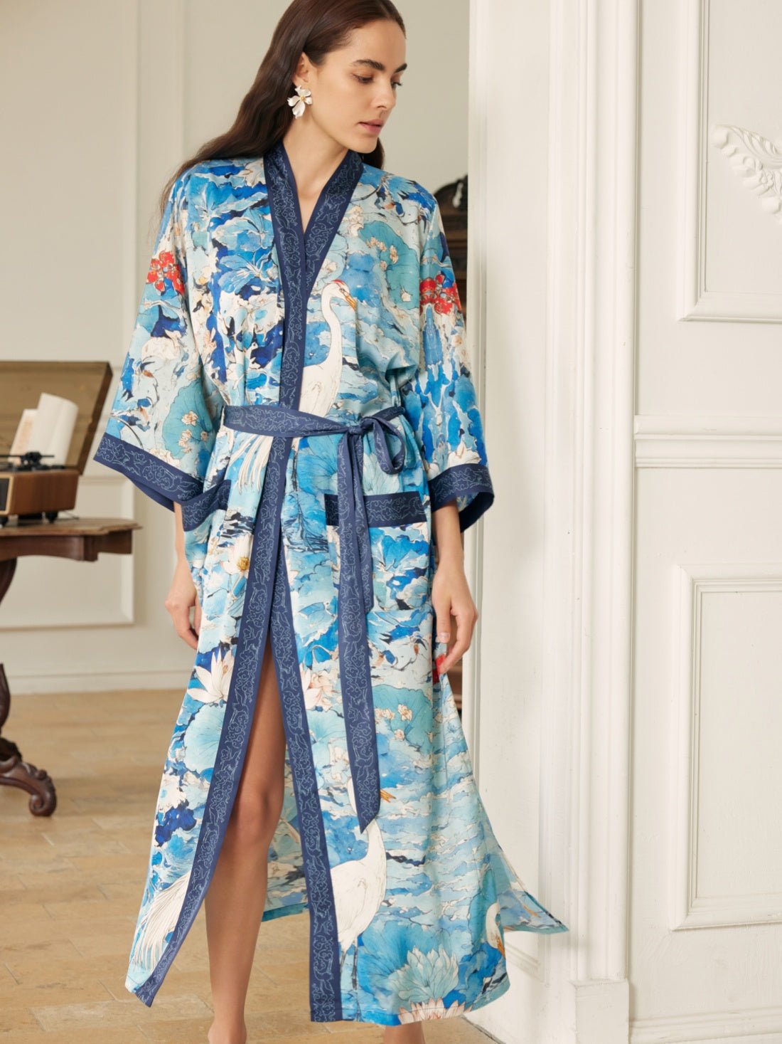 Graceful Lotus & Crane Kimono Robe with Pockets | Daily Health & Beauty