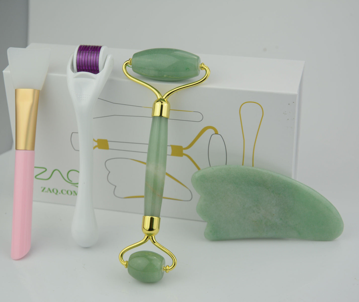 Jade Facial Roller, Gua Sha, Brush and DERMA ROLLER Set