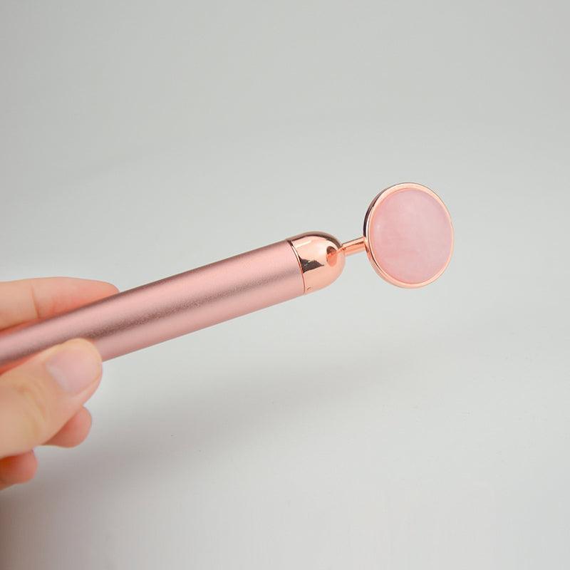 Rodillo facial masajeador vibratorio MOON Roll-On de cuarzo rosa W-Sonic + set Gua Sha