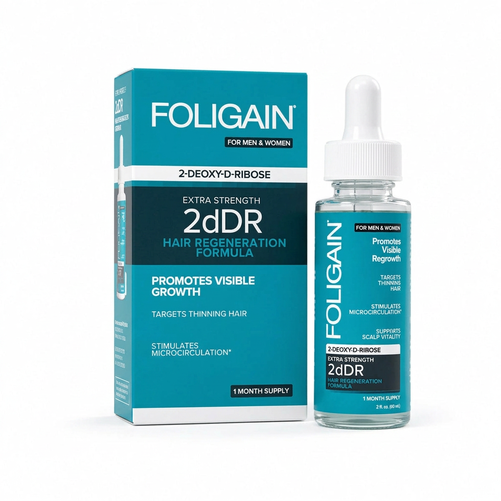 Close-up of FOLIGAIN 2dDR serum in teal packaging with a white-capped dropper bottle.
