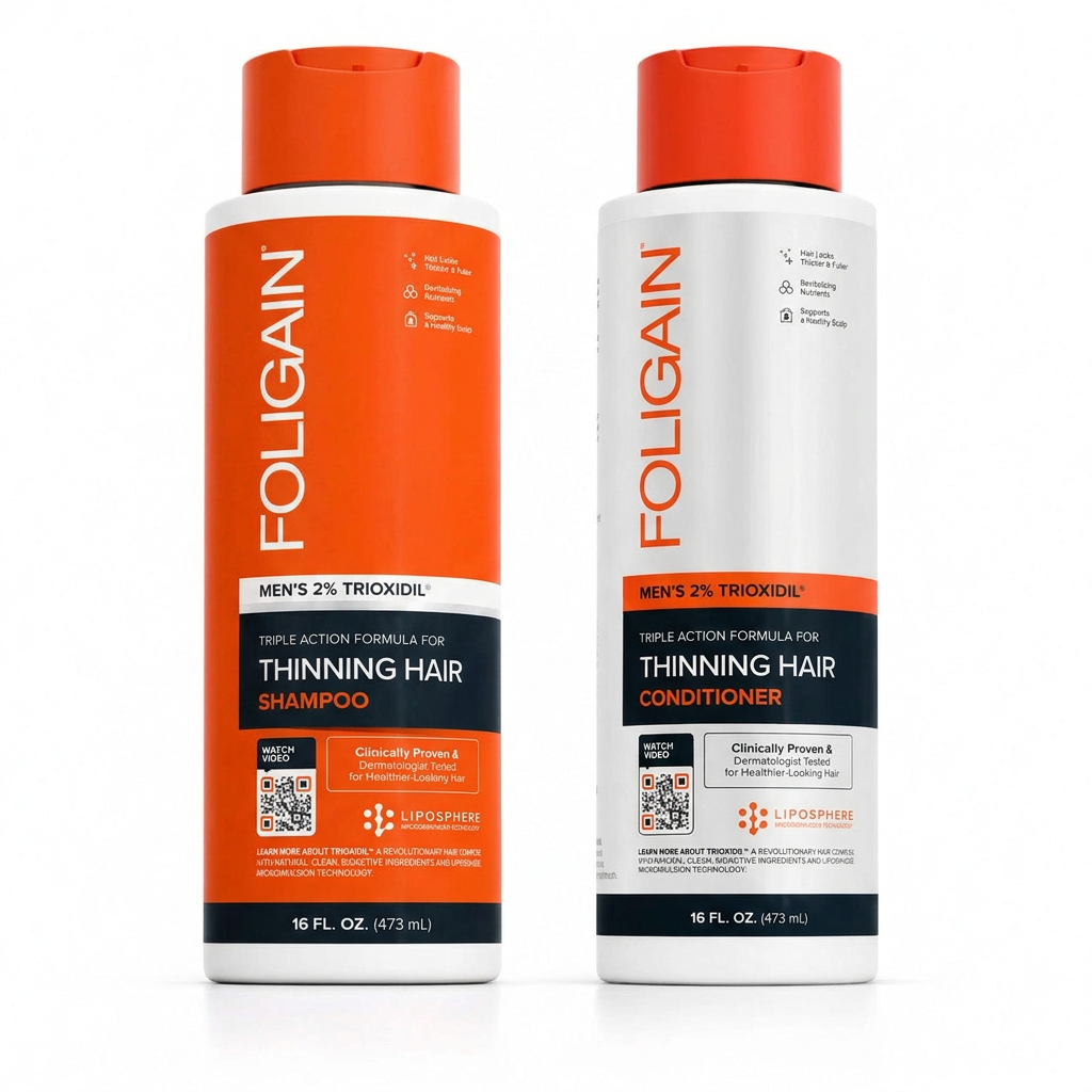 FOLIGAIN men's Triple Action Shampoo and Conditioner with 2% TRIOXIDIL, one 473ml bottle of each on a white background.