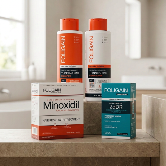 FOLIGAIN men's shampoo and conditioner behind minoxidil and teal 2dDR serum cartons on a neutral stone bathroom shelf.