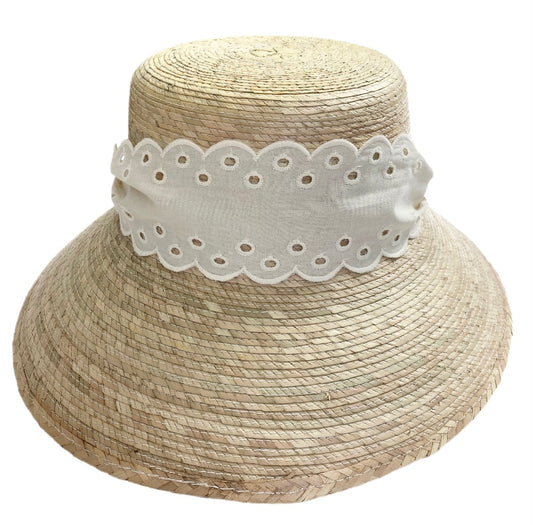 Clematis Bucket Hat - Antique Eyelet Scallop Lace Short Ribbon