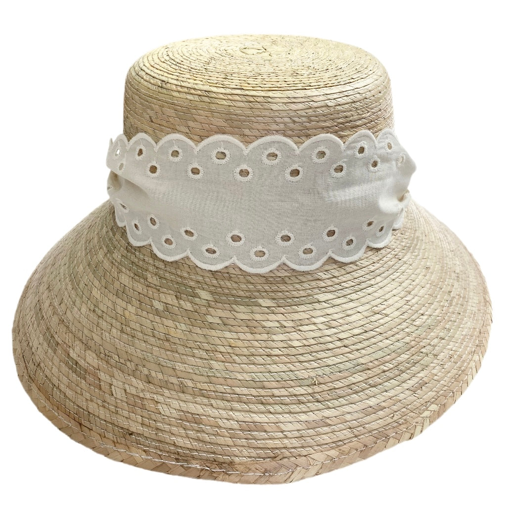 Clematis Bucket Hat - Antique Eyelet Scallop Lace Short Ribbon
