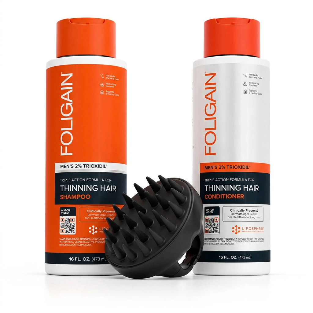 FOLIGAIN men's 473 mL shampoo and conditioner with black silicone scalp massager tilted to show bristles.