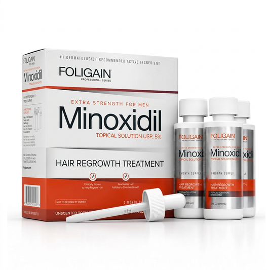 FOLIGAIN men's 5% minoxidil three-month supply with its carton, three treatment bottles and dropper on a white background.