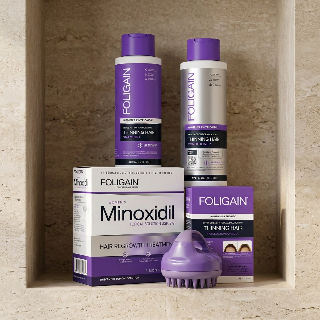 FOLIGAIN women's five-product complete scalp care bundle arranged on a stone bathroom shelf with wash bottles behind treatment cartons.