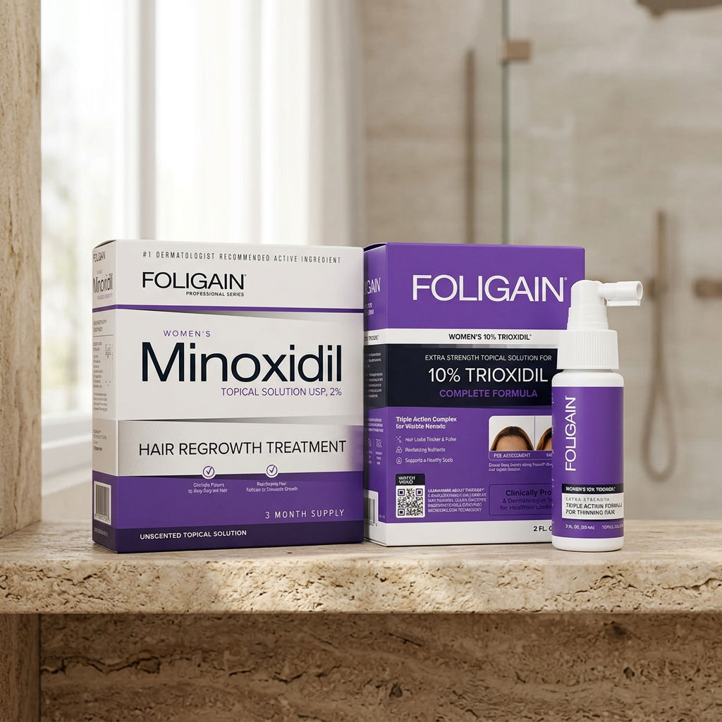 FOLIGAIN women's minoxidil and TRIOXIDIL duo arranged on a stone bathroom shelf with the cosmetic spray bottle beside its carton.