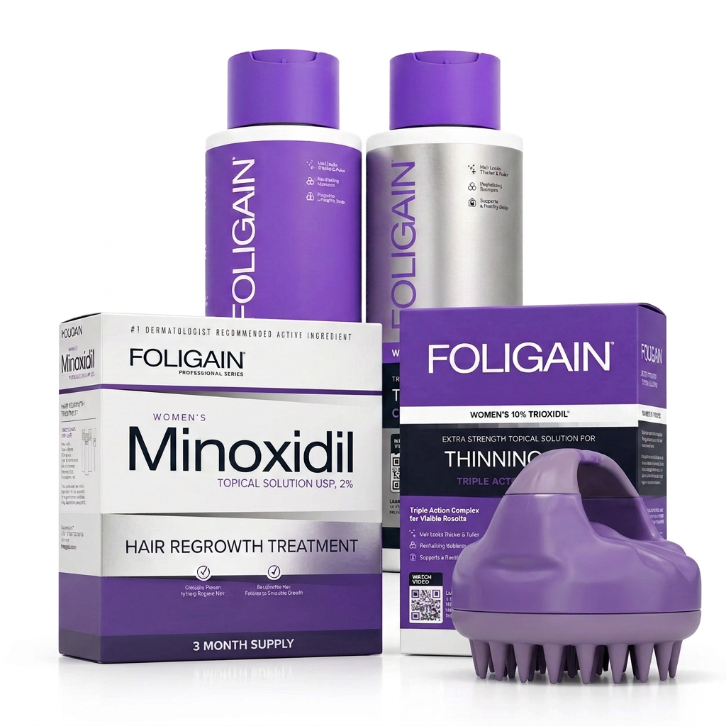 FOLIGAIN women's complete scalp care bundle with shampoo and conditioner behind minoxidil and TRIOXIDIL cartons and a purple massager.
