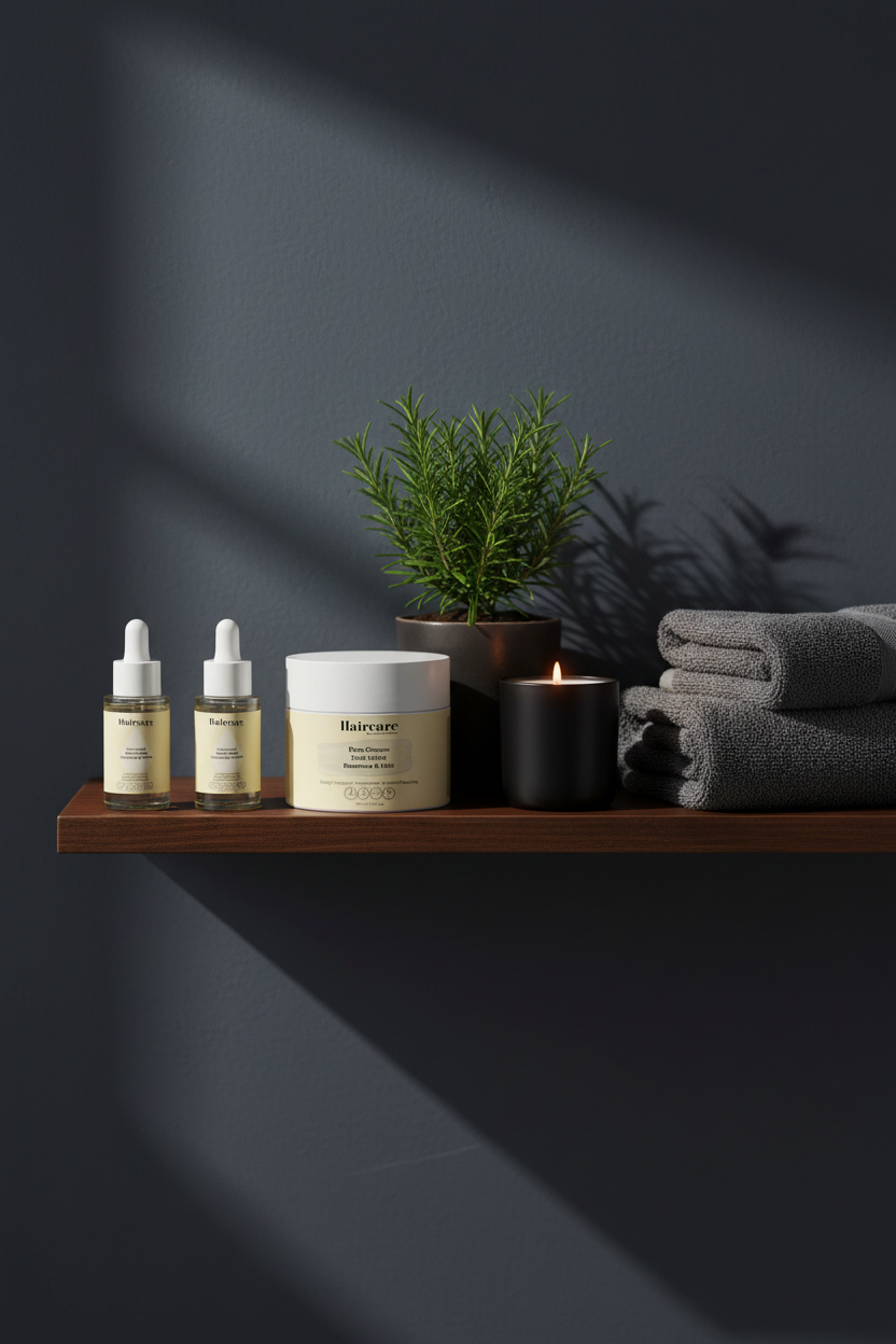 Scalp Care Exfoliating Serum, Deep Cleanse Scalp Scrub and Rosemary Hair Oil on dark wood bathroom shelving with a potted rosemary plant and candle — premium scalp care trio by Daily Health & Beauty