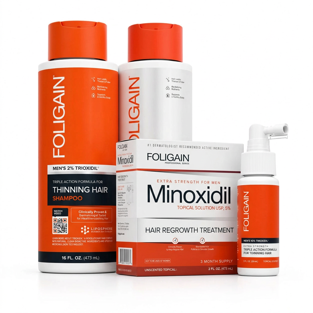 FOLIGAIN men's complete hair care bundle with boxed 5% minoxidil, 10% TRIOXIDIL spray, shampoo and conditioner.