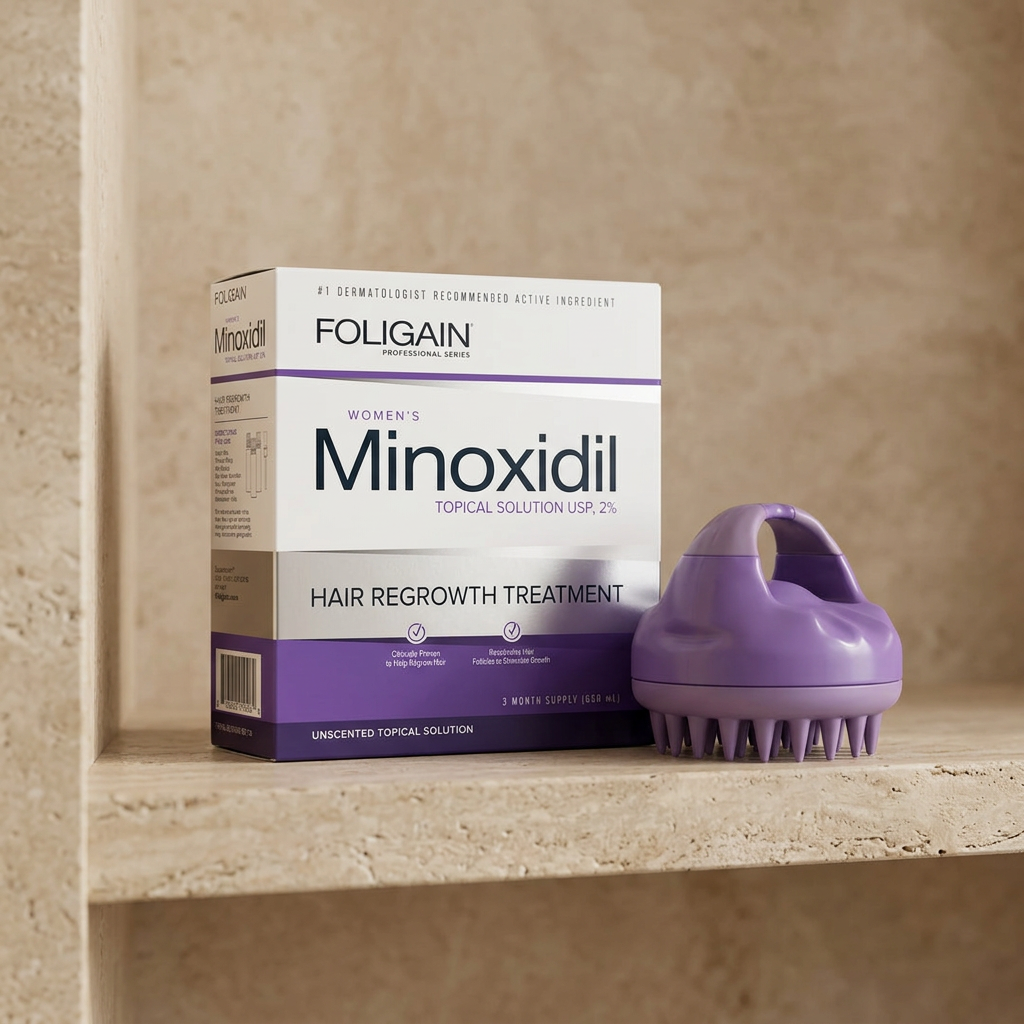 Boxed FOLIGAIN women's 2% minoxidil and purple scalp massager on a warm neutral stone bathroom shelf.