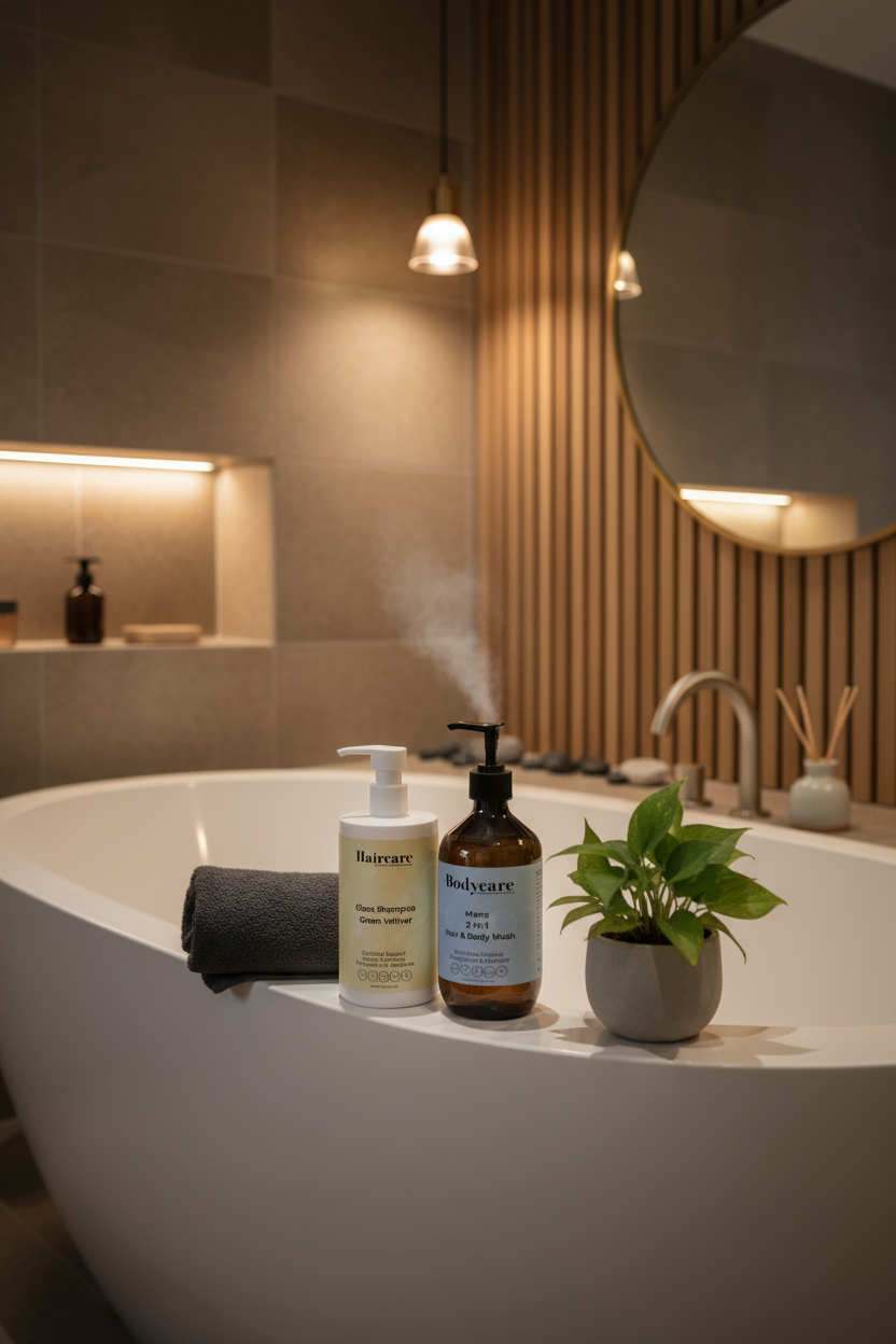 Gloss Shampoo Smoky Green Vetiver and Mens 2-in-1 Hair & Body Wash on the edge of a freestanding bathtub with a dark towel and green plant — shine and grooming bundle by Daily Health & Beauty