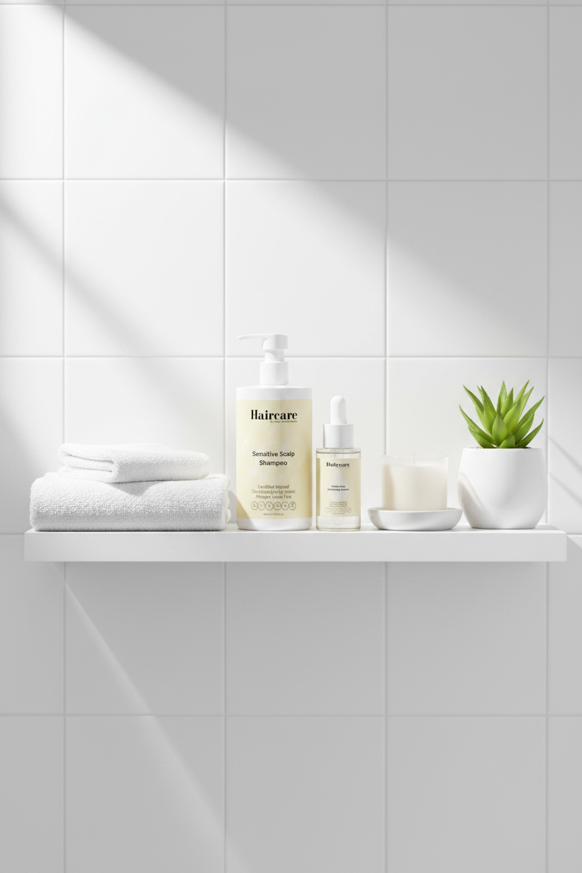 Scalp Care Exfoliating Serum and Sensitive Scalp Shampoo styled on white floating bathroom shelves with a candle, succulent and linen towels — premium sensitive scalp care bundle by Daily Health & Beauty