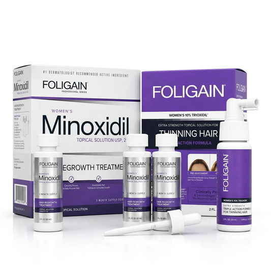 FOLIGAIN women's duo contents showing three minoxidil bottles, a dropper, TRIOXIDIL spray bottle and both cartons.