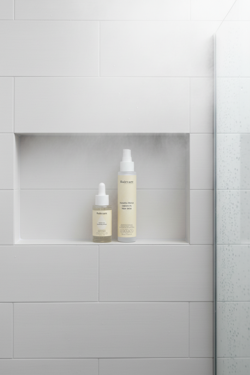 Scalp Care Exfoliating Serum and Keratin Shine Leave-In Hair Mist on a white tile shower niche shelf with steam and water droplets — exfoliate and shine bundle by Daily Health & Beauty