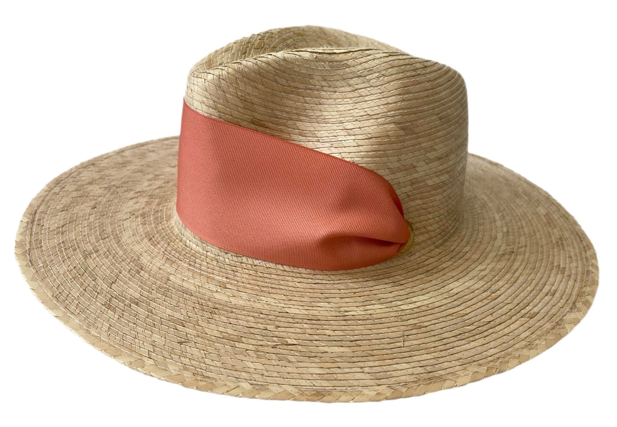 Zinnia Sun Hat - Wide & Short Coral Grosgrain Ribbon