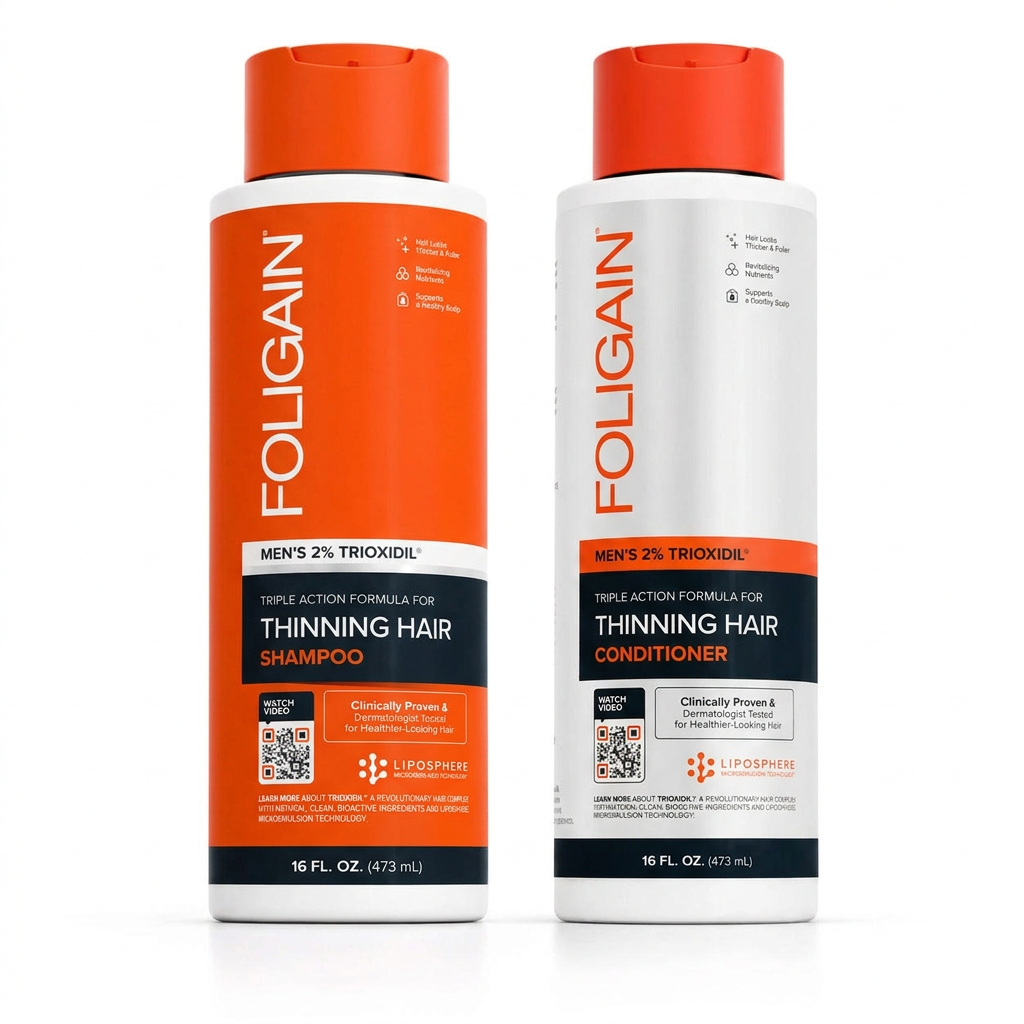 FOLIGAIN men's Triple Action Shampoo and Conditioner with 2% TRIOXIDIL in 473 mL bottles.