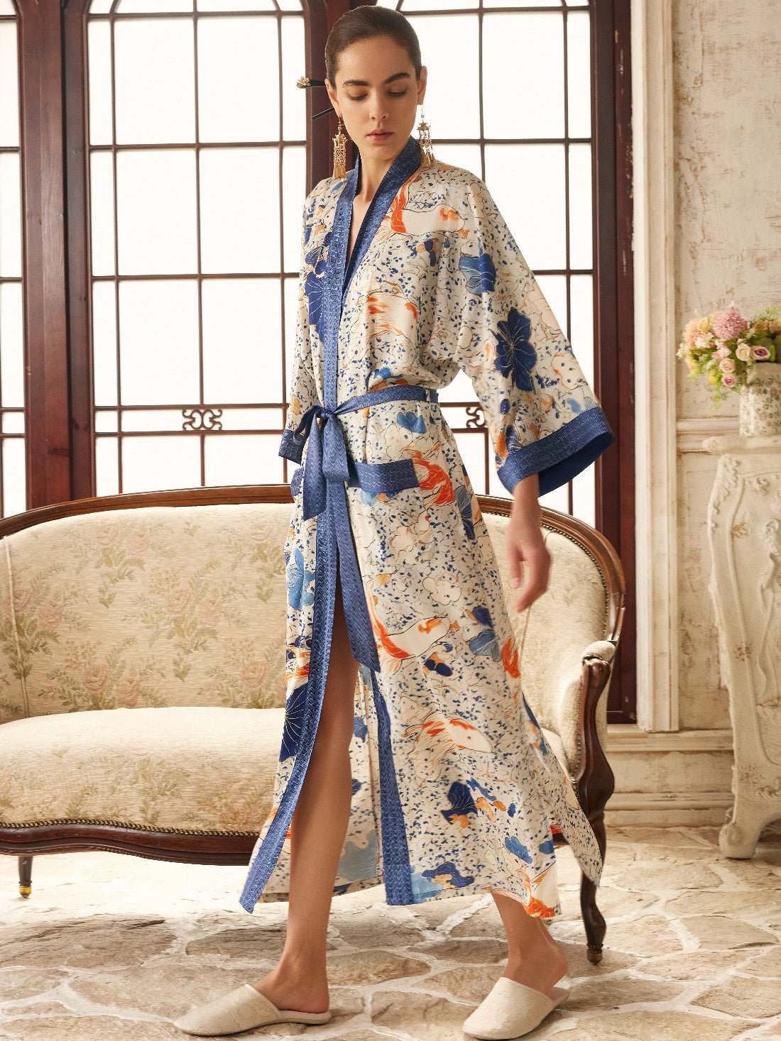 Koi & Lotus Dreamscape Kimono Robe with Elegant Pockets | Daily Health & Beauty