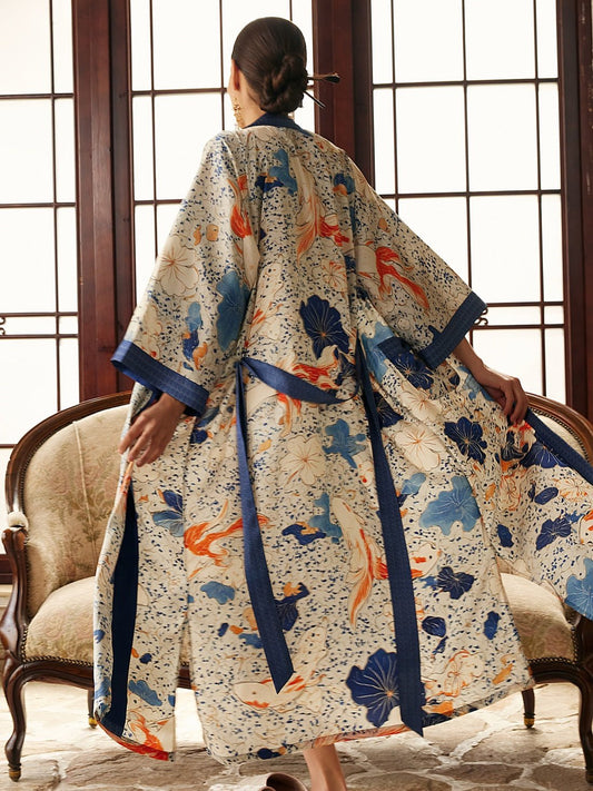 Koi & Lotus Dreamscape Kimono Robe with Elegant Pockets | Daily Health & Beauty