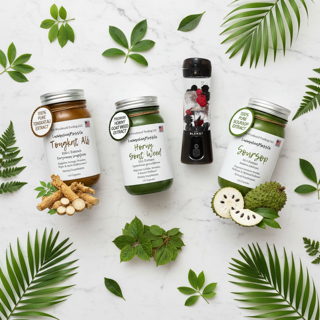 Men's Stamina Stack Sea Moss Gel Bundle flat lay featuring Tongkat Ali, Horny Goat Weed, and Soursop supplement capsule jars and BLENDi Pro+ Portable Blender with tongkat ali root, epimedium leaves, and soursop fruit on a marble surface — Daily Health & Beauty.