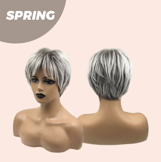 JBEXTENSION Pixie Cut Silver Half Real Human Hair Half Futura Fiber Fashion Women Wig SPRING