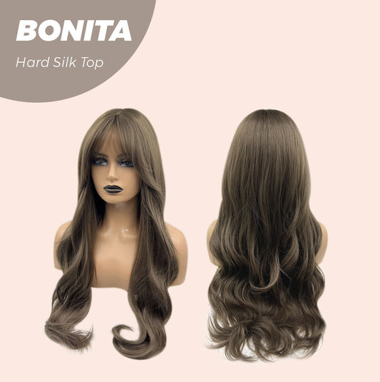 HOT OF SEASON - JBEXTENSION 26 Inches Scalpiana Brown Curly 3.5X4 Hard Silky Top Natural Scalp Effect Wig With Bangs BONITA