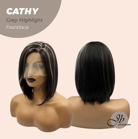 JBEXTENSION 12 Inches Bob Cut Nature Black With Grey Highlight Side Part Frontlace Glueless Wig CATHY GREY HIGHLIGHT
