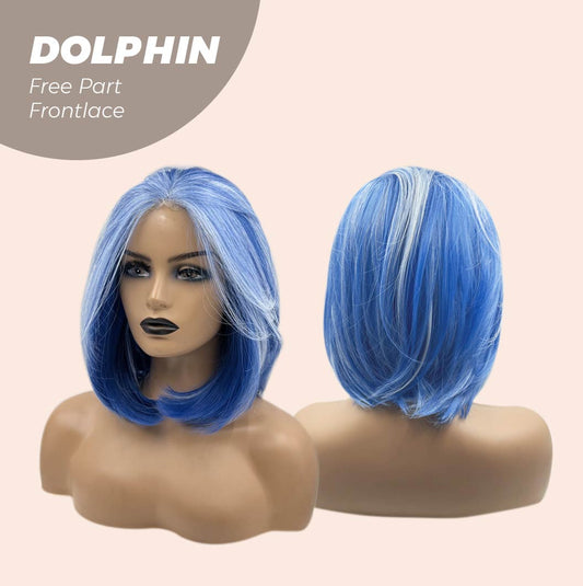 JBEXTENSION 12 Inches Bob Cut Blue With White Highlight Free Part Pre-Cut Frontlace Glueless Wig DOLPHIN