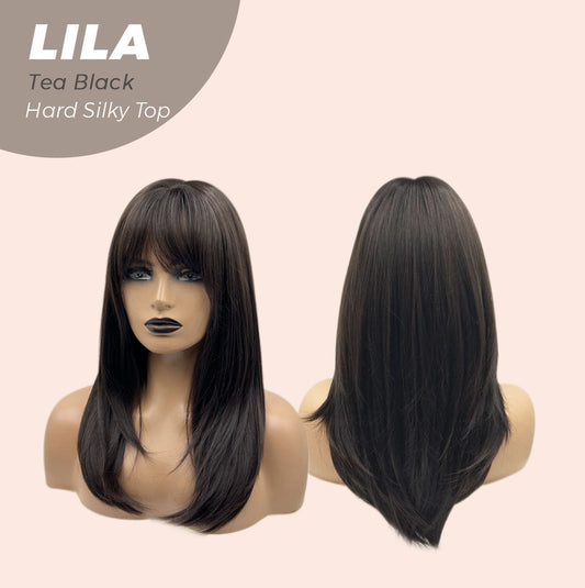 JBEXTENSION 20 Inches Scalpiana Tea Black Darkest Brown Wolf Cut 3.5X4 Hard Silky Top Natural Scalp Effect Wig With Bangs LILA TEA BLACK