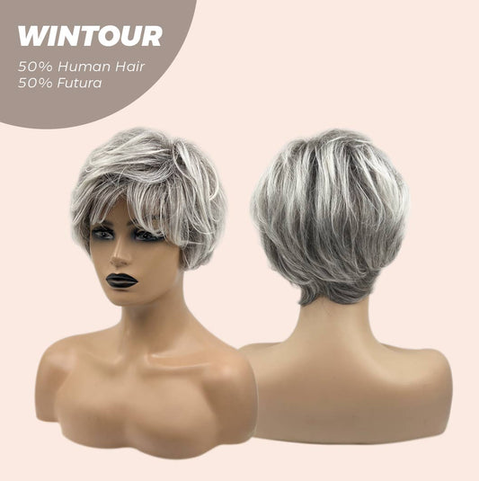 JBEXTENSION Pixie Cut Silver Half Real Human Hair Half Futura Fiber Fashion Women Wig WINTOUR
