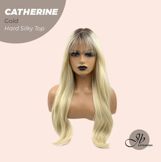 JBEXTENSION 25 Inches Scalpiana Gold 3.5X4 Hard Silky Top Natural Scalp Effect Wig With Bangs CATHERINE GOLD