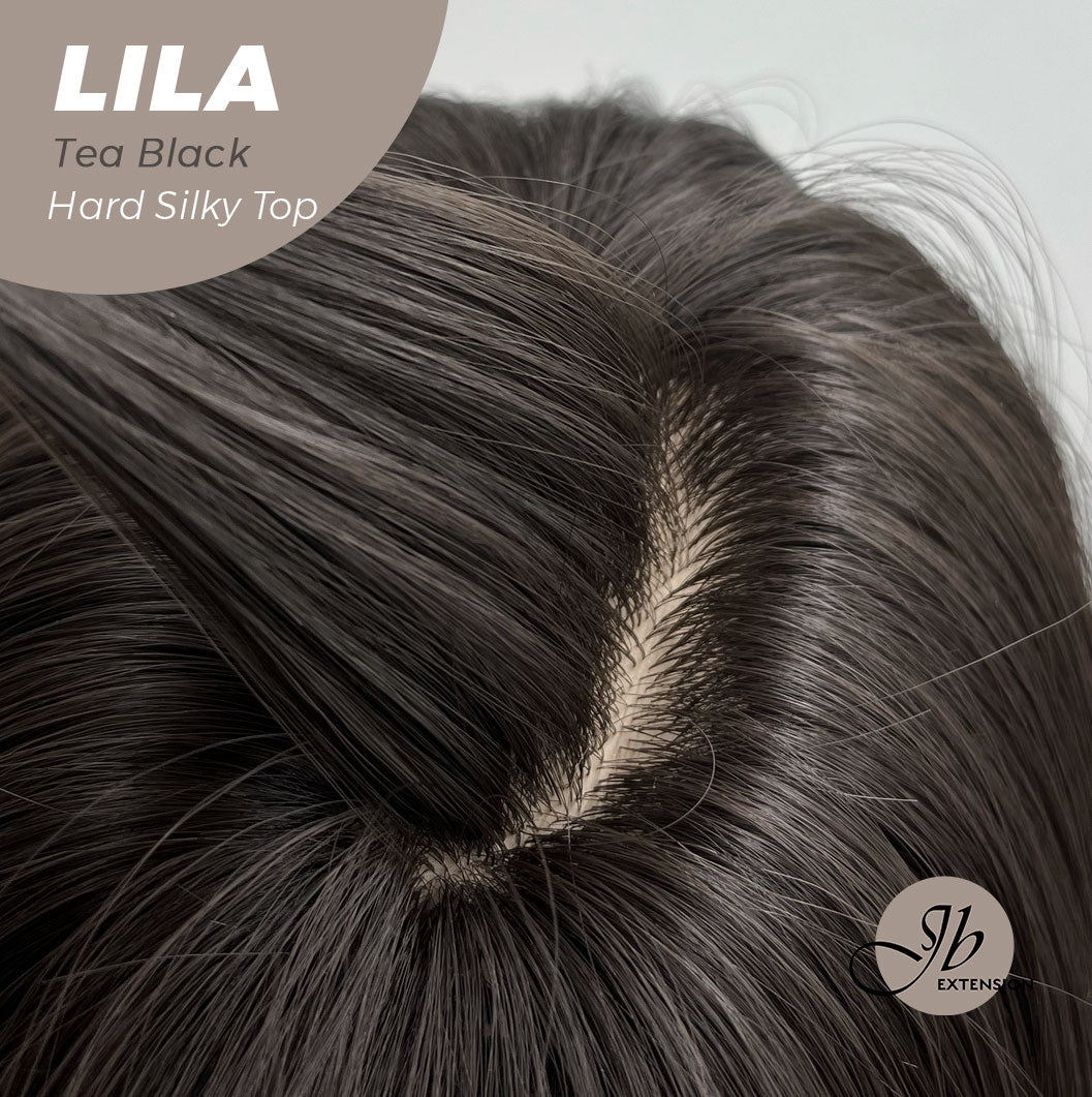 JBEXTENSION 20 Inches Scalpiana Tea Black Darkest Brown Wolf Cut 3.5X4 Hard Silky Top Natural Scalp Effect Wig With Bangs LILA TEA BLACK