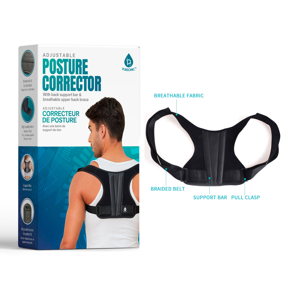 Corrector de postura ajustable con barra de soporte para la espalda y faja superior transpirable.