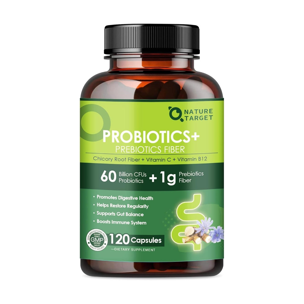 Probiotics 60 Billion CFUs, 8 Strains with Prebiotic Fiber 1g, Vitamin C & B12, Vcaps, 120ct