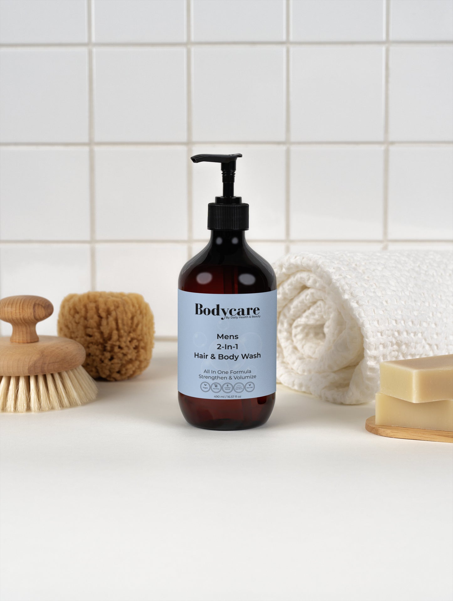2-in-1 Hair & Body Wash For Men in bathroom — woody vetiver amber scent, dual-purpose for hair and body