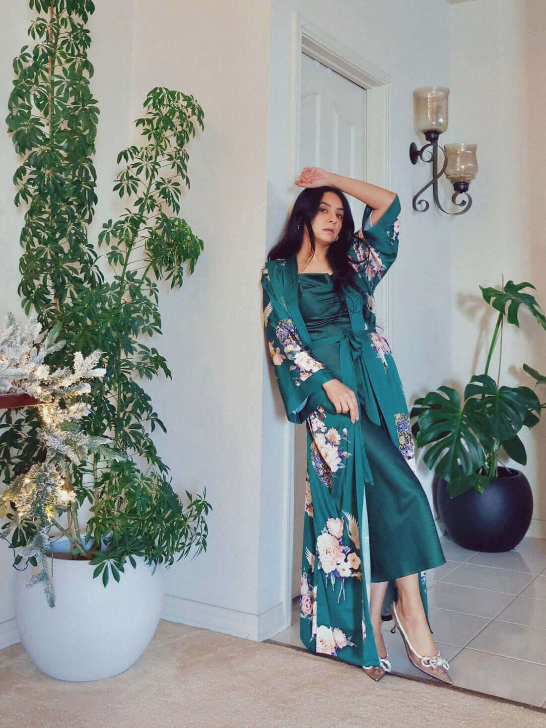 Bata kimono verde de grulla de jardín
