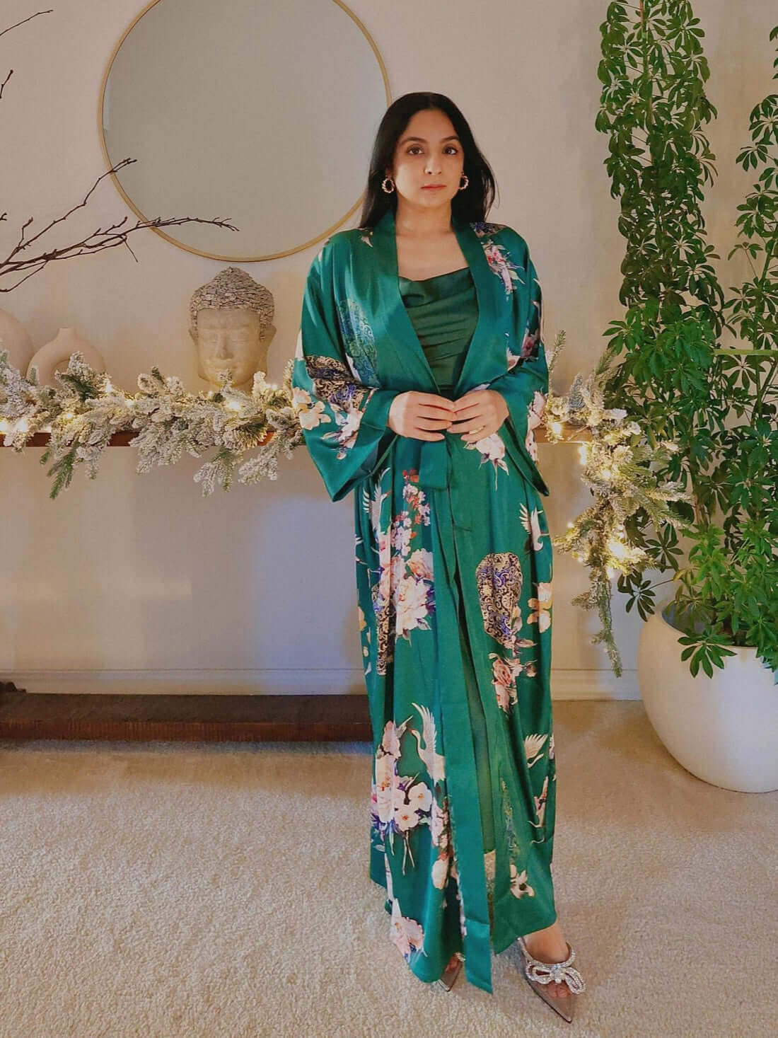Bata kimono verde de grulla de jardín