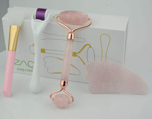 Rose Facial Roller, Gua Sha, Brush and DERMA ROLLER Set