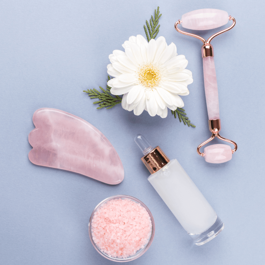 ZAQ Rose Quartz Facial Roller, Gua Sha Board + Brush Set
