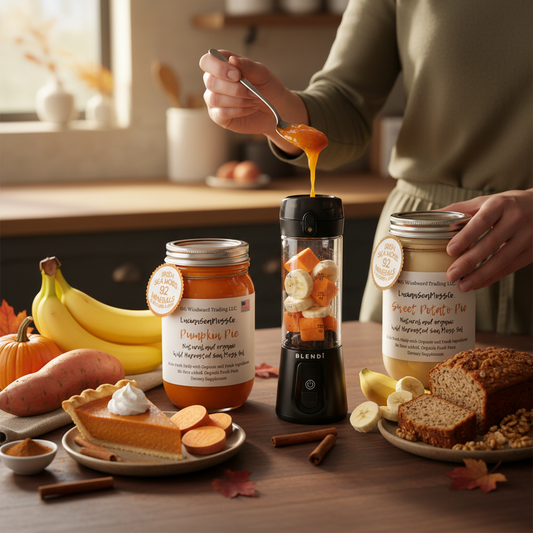 Making a harvest bakery sea moss smoothie with Pumpkin Pie Sweet Potato Pie and Banana Bread Sea Moss Gel and BLENDi Pro+ Portable Blender on a kitchen counter — Daily Health & Beauty