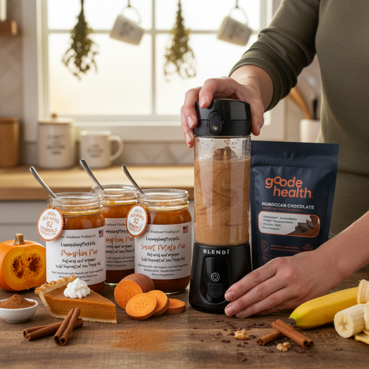 Making a harvest bakery sea moss superfood smoothie with Pumpkin Pie Sweet Potato Pie and Banana Bread Sea Moss Gel Goode Health Moroccan Chocolate Superfood Shake and BLENDi Pro+ Portable Blender on a kitchen counter — Daily Health & Beauty