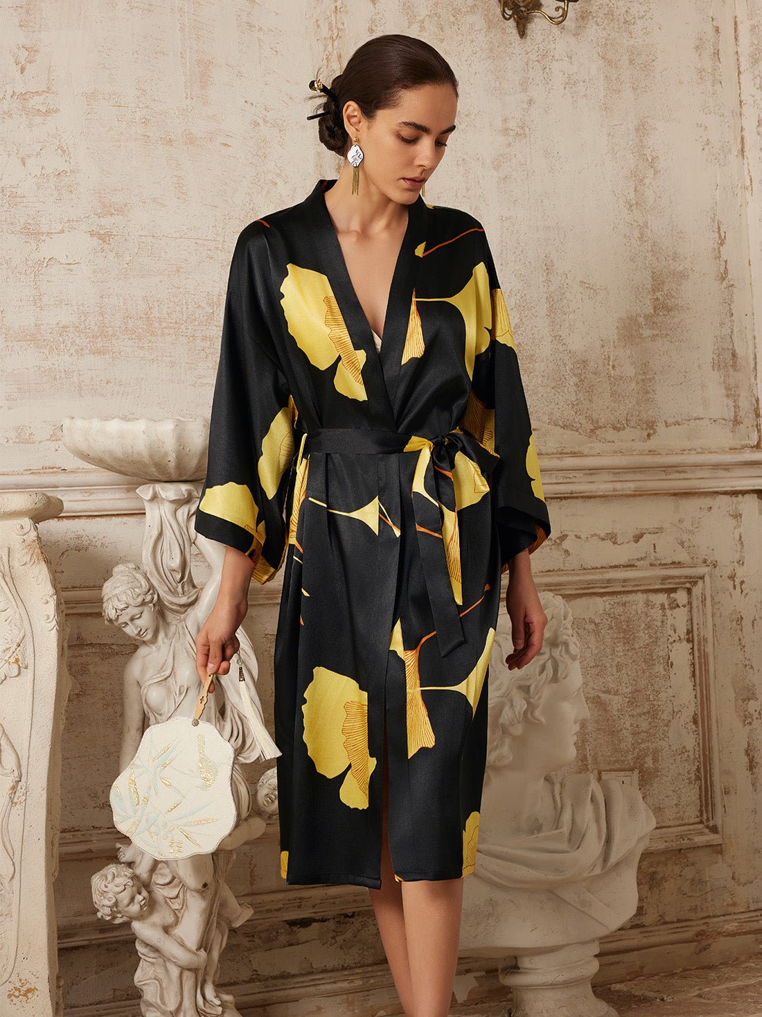 Yellow Ginkgo Leaf Print Black Kimono Robe | Daily Health & Beauty